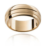 A gold men's wedding ring with a  2 stripe design, featuring a  brushed polished finish and a slightly elevated central band