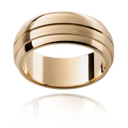 A gold men's wedding ring with a  2 stripe design, featuring a  brushed polished finish and a slightly elevated central band