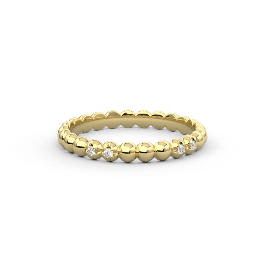 A gold ring with round diamond accents set within a bubble like design