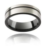 A white zirconium men's wedding ring with black zirconium indents and inner band 
