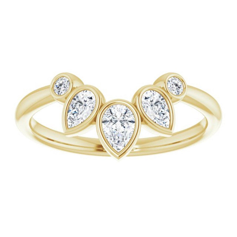 Bezel set crown ring with pear and round shaped Lab grown diamonds. 