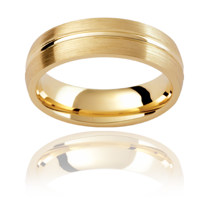 Classic wedding band with brushed gold finish and polished  centre line