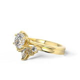 Crown wedding ring in yellow gold with round solitaire engagement ring 

