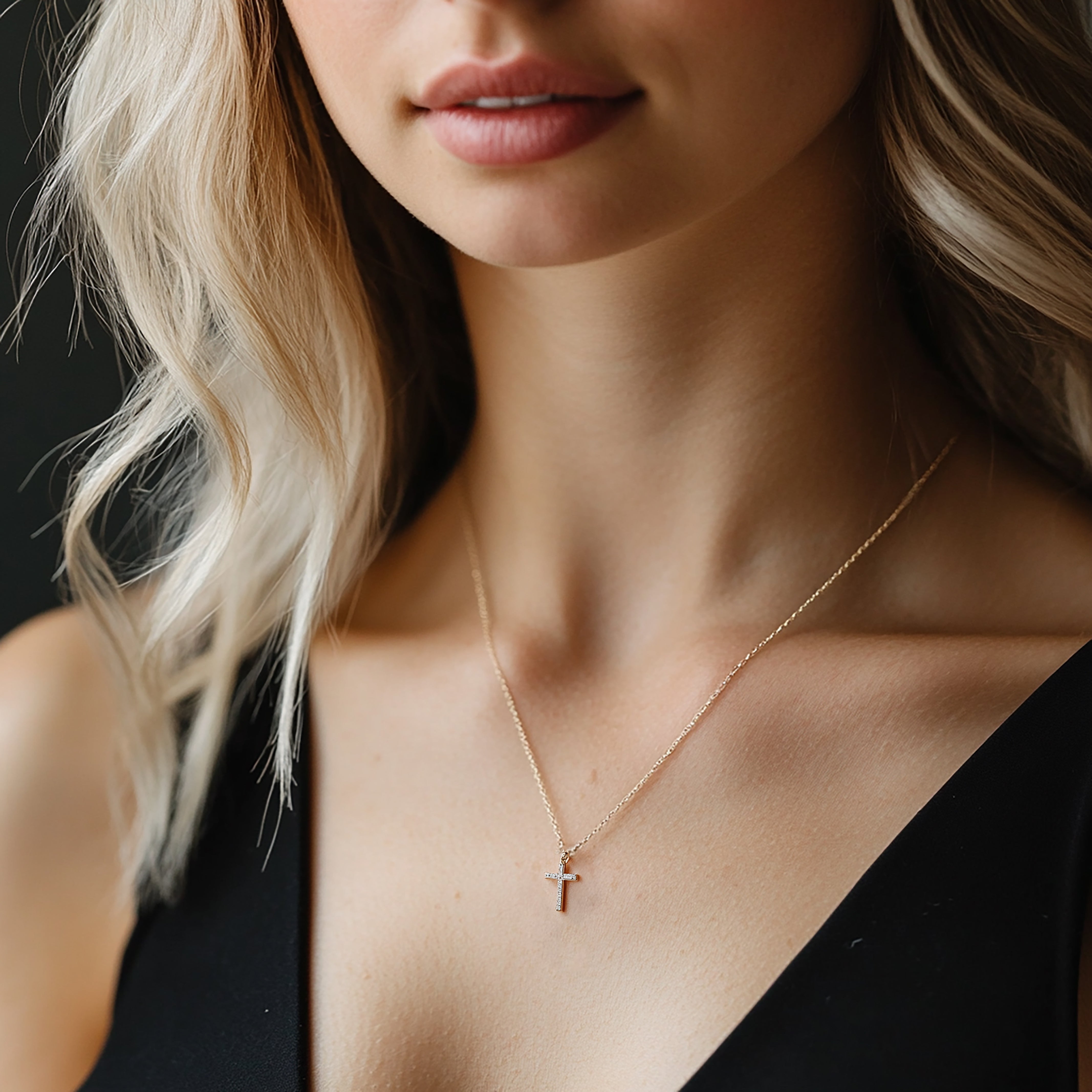 Diamond Cross Religious Pendant on 9kt Yellow Gold Chain