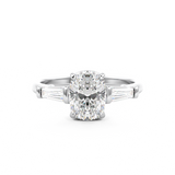 Elongated Cushion Cut 3 stone Diamond engagement ring with tapered baguette side stones