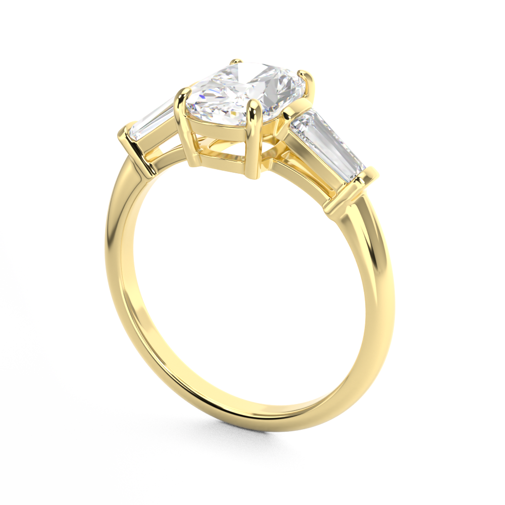 Elongated Cushion Cut 3 stone Diamond engagement ring with tapered baguette side stones