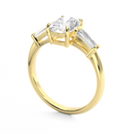 Elongated Cushion Cut 3 stone Diamond engagement ring with tapered baguette side stones