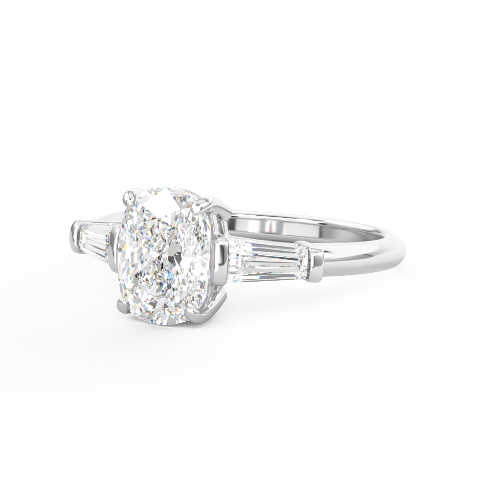 Elongated Cushion Cut 3 stone Diamond engagement ring with tapered baguette side stones in platinum