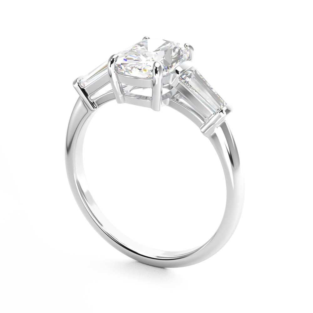Elongated Cushion Cut 3 stone Diamond engagement ring with tapered baguette side stones in white gold