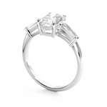 Elongated Cushion Cut 3 stone Diamond engagement ring with tapered baguette side stones in white gold