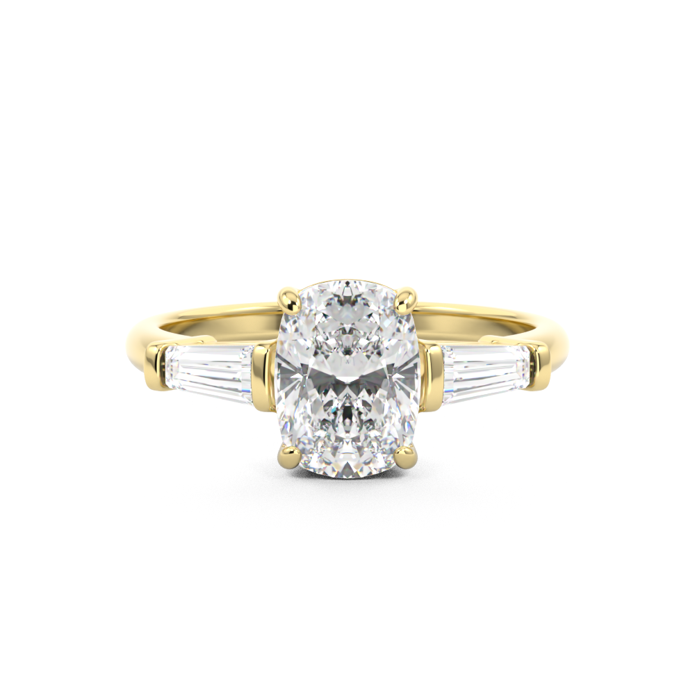 Elongated Cushion Cut 3 stone Diamond engagement ring with tapered baguette side stones in yellow gold