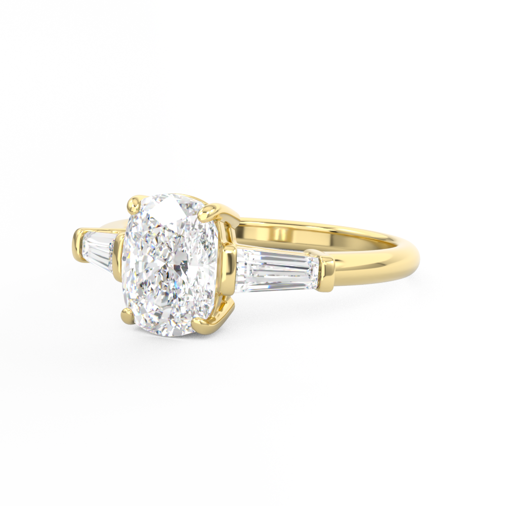 Elongated Cushion Cut 3 stone Diamond engagement ring with tapered baguette side stones yellow gold