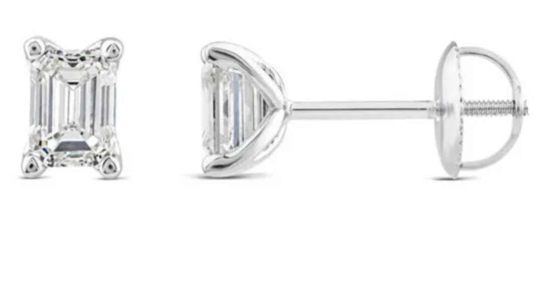 Emerald cut diamond studs in white gold 