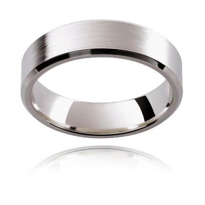 Flat profile brushed metal and bevelled edges Mens ring in white gold 