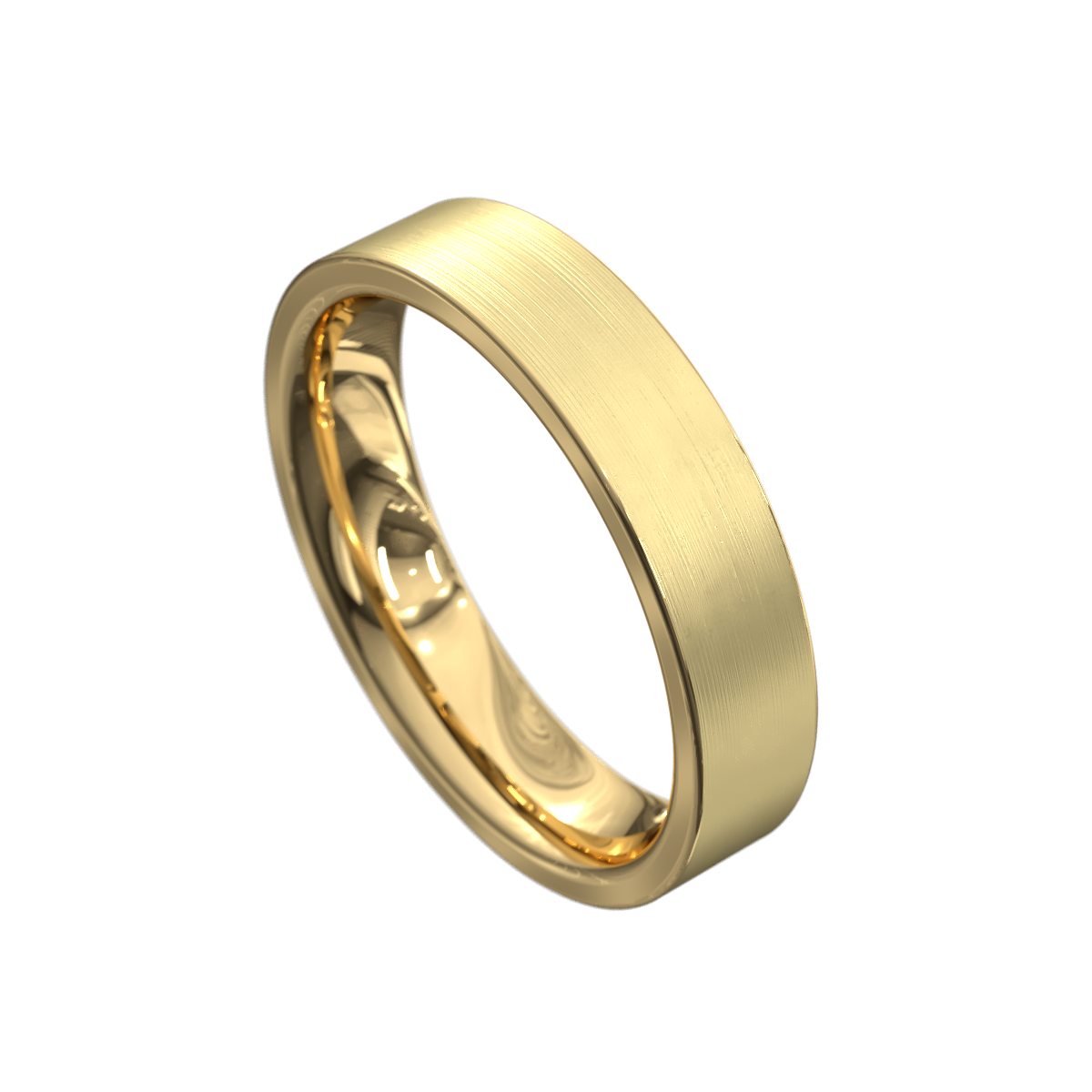 Flat profile brushed yellow gold mens wedding ring 