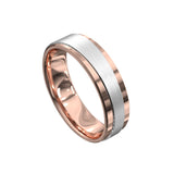 Flat profile rose gold edges and inner of ring with brushed white gold centre and polished features