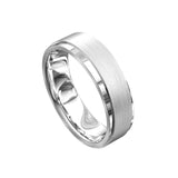 Flat profile white gold mens wedding band with brushed and polished features