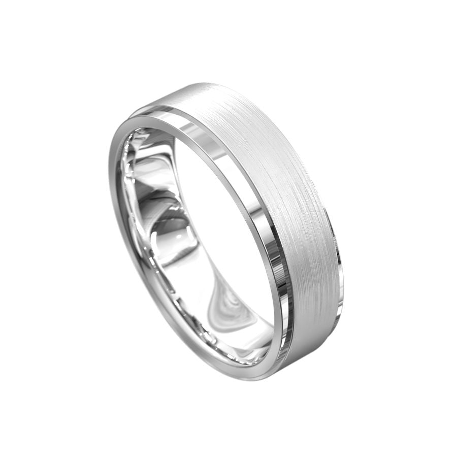 Flat profile white gold mens wedding band with brushed and polished features