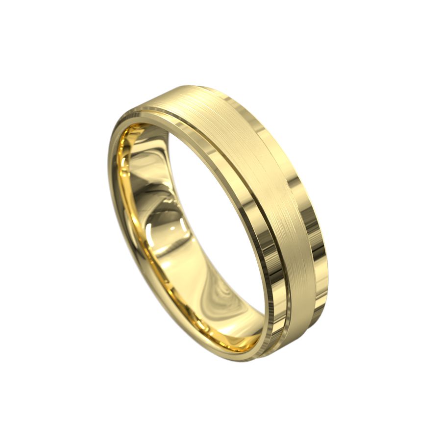 Flat profile yellow gold mens wedding band with brushed and polished features