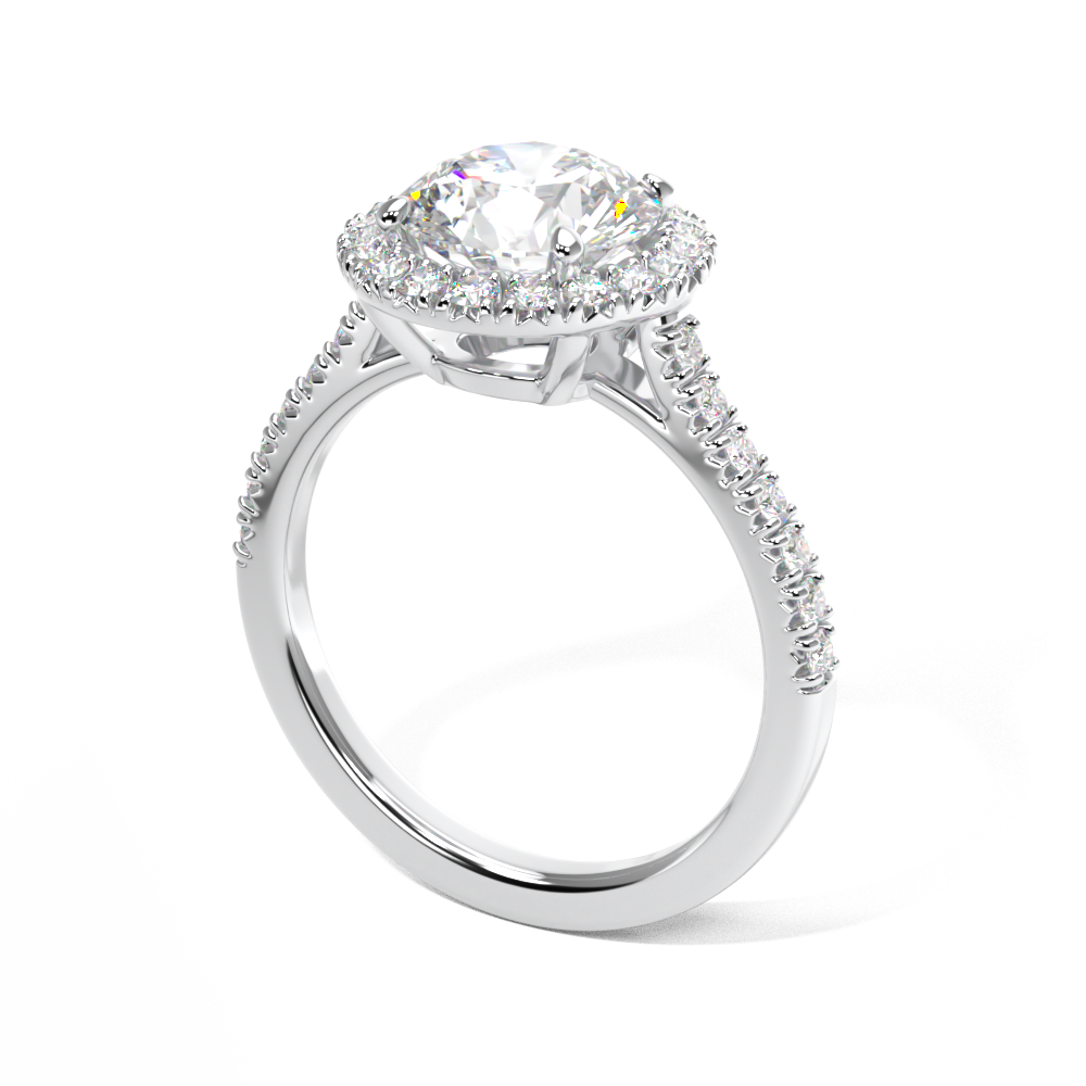 round brilliant cut diamond ring with diamond halo in platinum