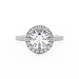round brilliant cut diamond ring with diamond halo in platinum