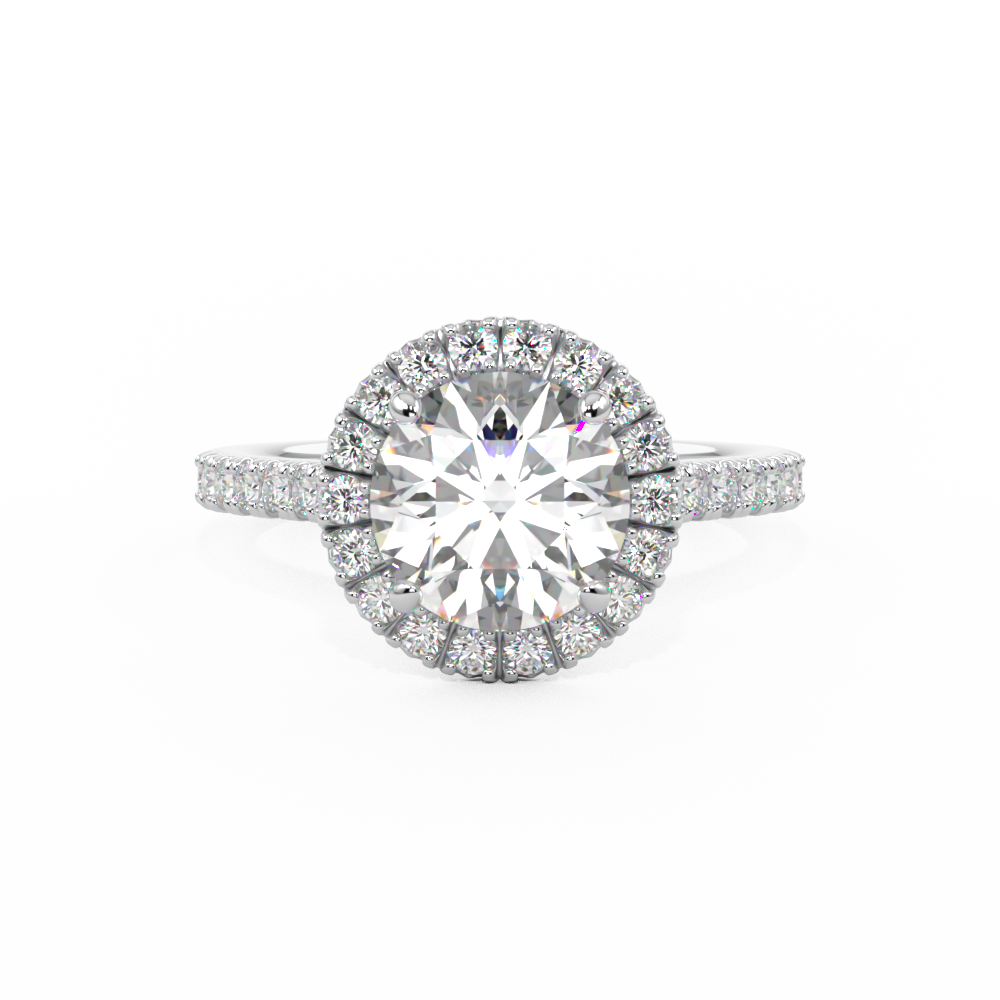 round brilliant cut diamond ring with diamond halo in platinum