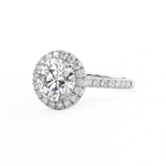 round brilliant cut diamond ring with diamond halo in platinum