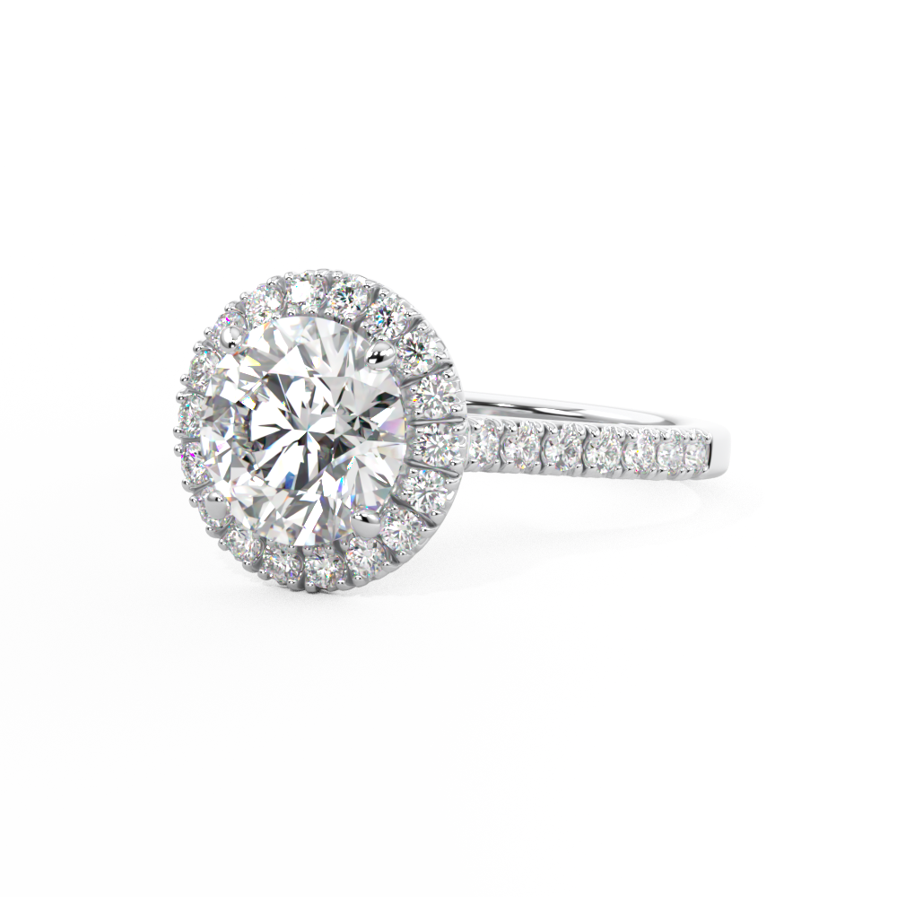 round brilliant cut diamond ring with diamond halo in platinum