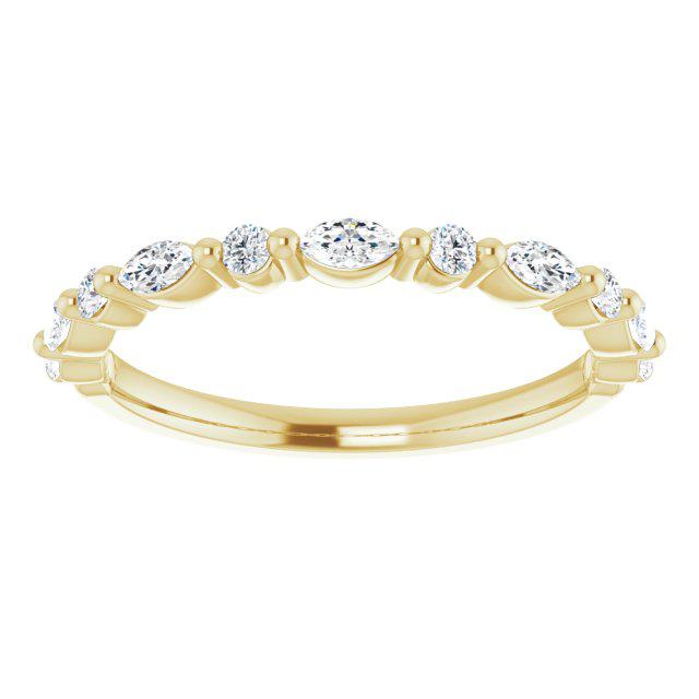 Half set diamond wedding ring with alternating round and marquise diamonds in yellow gold 