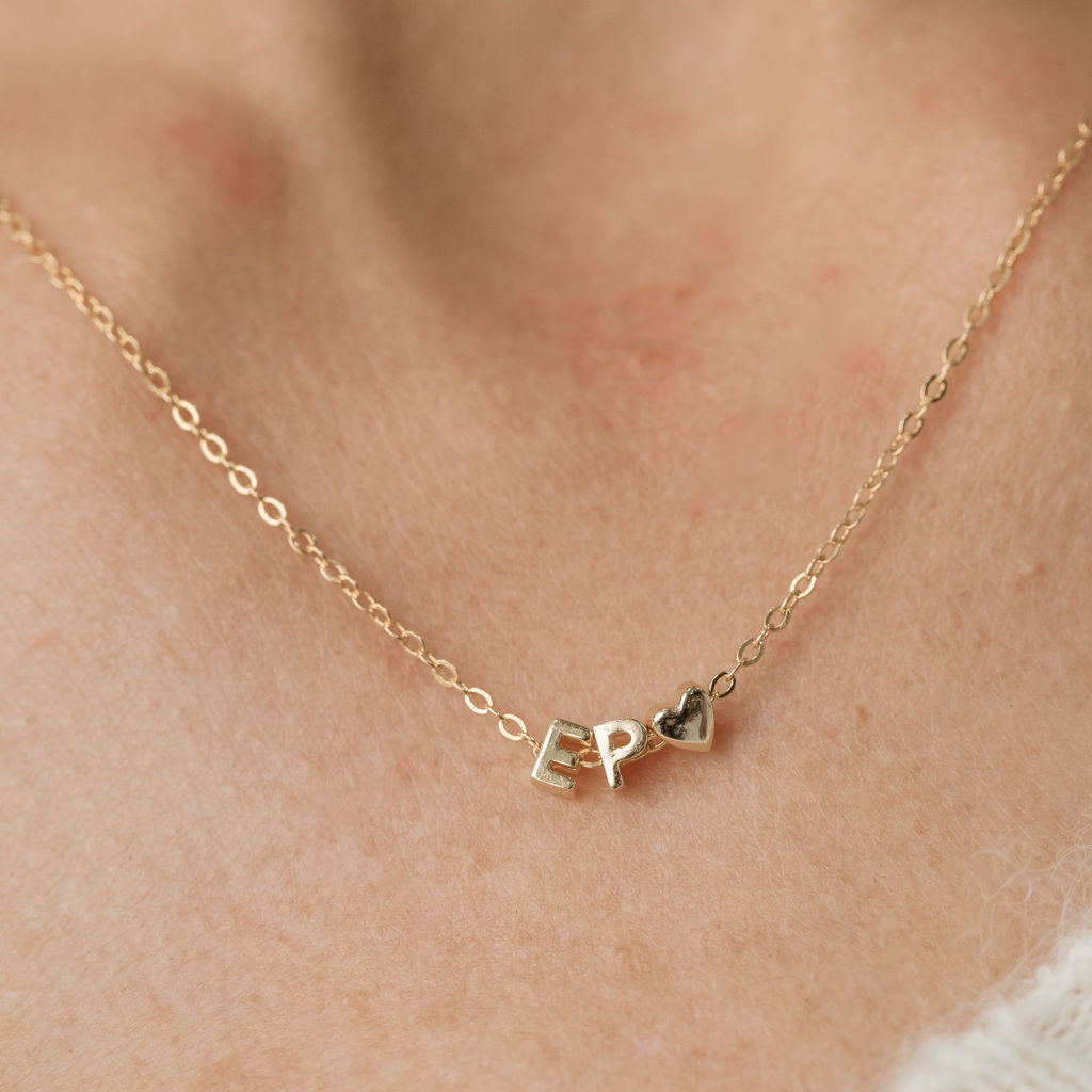 Yellow Gold Letter Pendant and Heart Pendant Necklace
