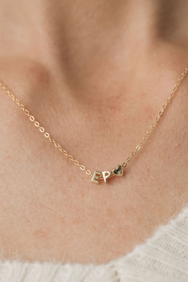 Yellow Gold Letter Pendant and Heart Pendant Necklace