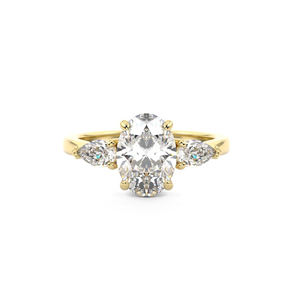 Three stone diamond engagement ring with oval cut diamond centre stone and pear cut diamond side stones