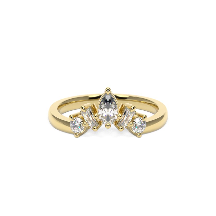 Pear, emerald and round diamond wedding band in yellow gold 