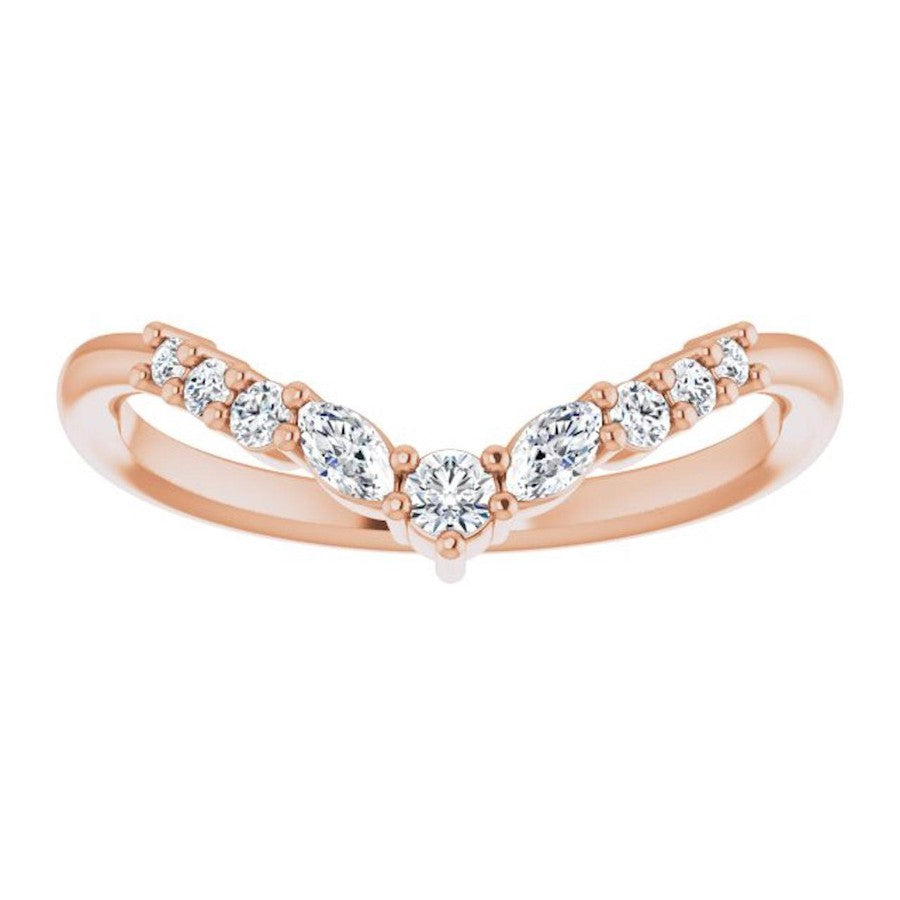 Rose gold diamond crown ring with round diamonds and pear shape diamonds