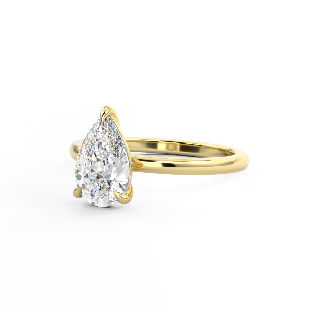 Side profile of 3 claw pear cut diamond solitaire engagement ring