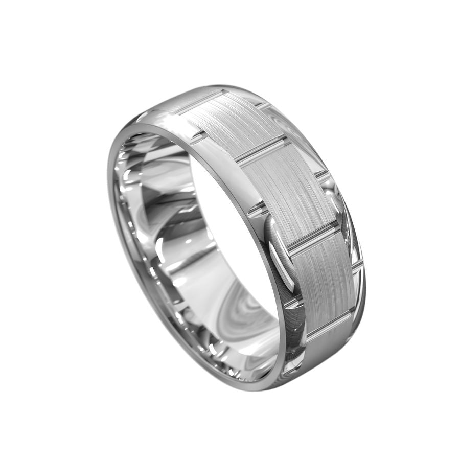 White gold  men's wedding ring featuring a brushed centre with polished edges and handcarved line details.