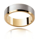 White gold mens wedding ring with brushed finish and beveled yellow gold edges and inner band