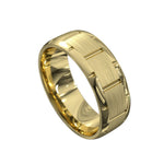 Yellow gold  men's wedding ring featuring a brushed centre with polished edges and handcarved line details.
