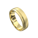 Yellow gold mens wedding ring brushed metal with ridge detail