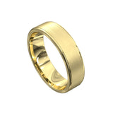 Yellow gold mens wedding ring with a brushed finish and polished edges