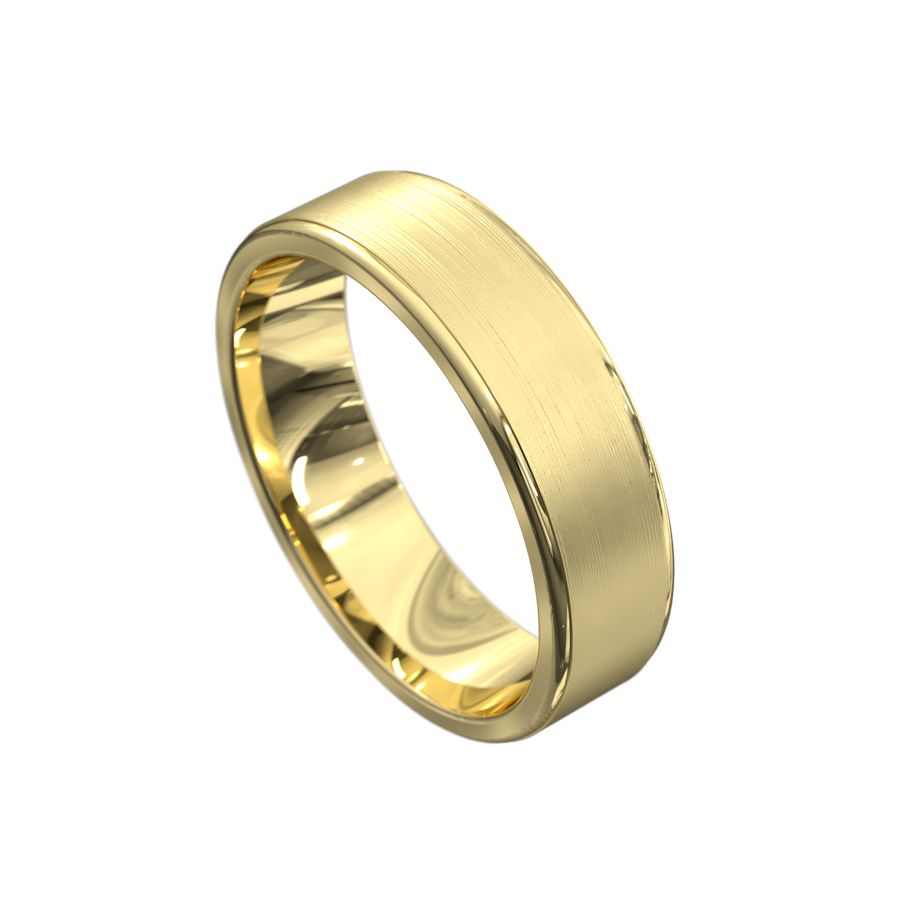 Yellow gold mens wedding ring with a brushed finish and polished edges