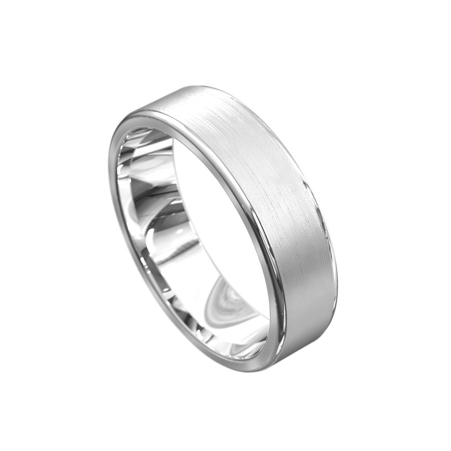 white gold mens wedding ring with a brushed finish and polished edges