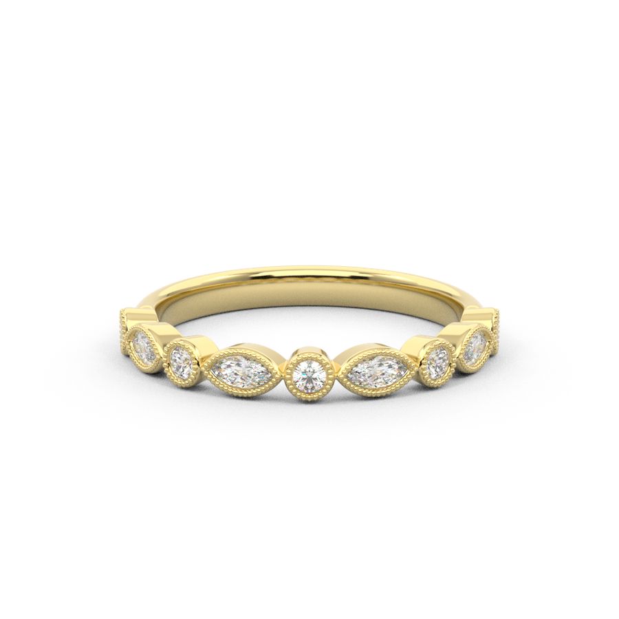alternating round and marquise diamond ring with a millgrain edge finish