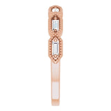 rose gold diamond eternity ring with baguette cut diamonds and millgrain edge
