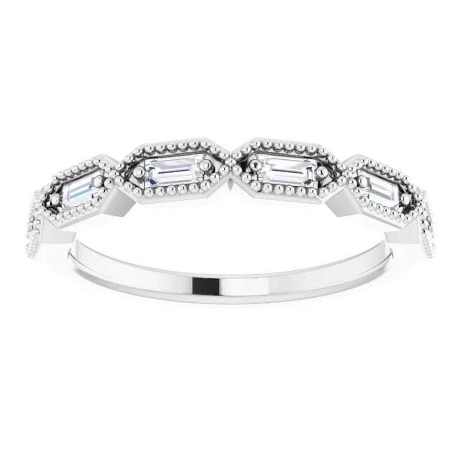 white gold diamond wedding ring with baguette cut diamonds and millgrain edge