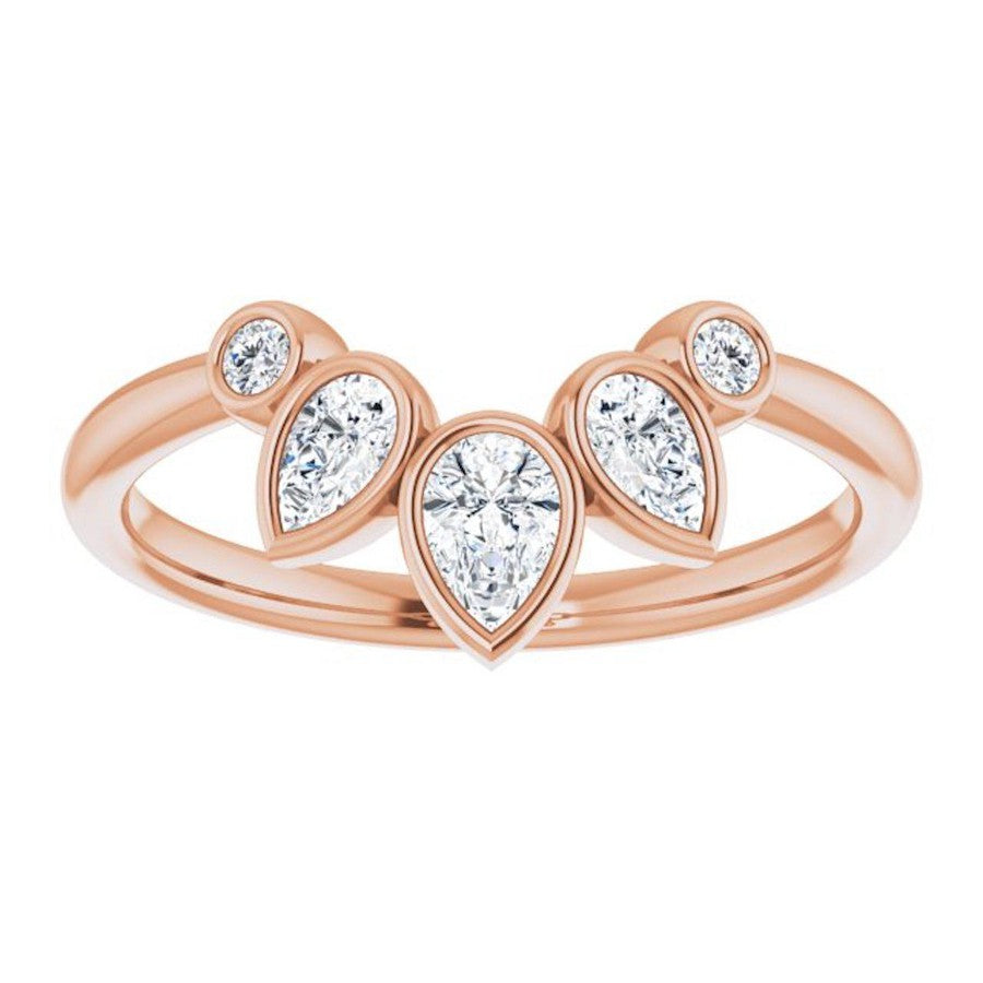 rose gold bezel set crown ring with pear shape diamonds and round diamonds