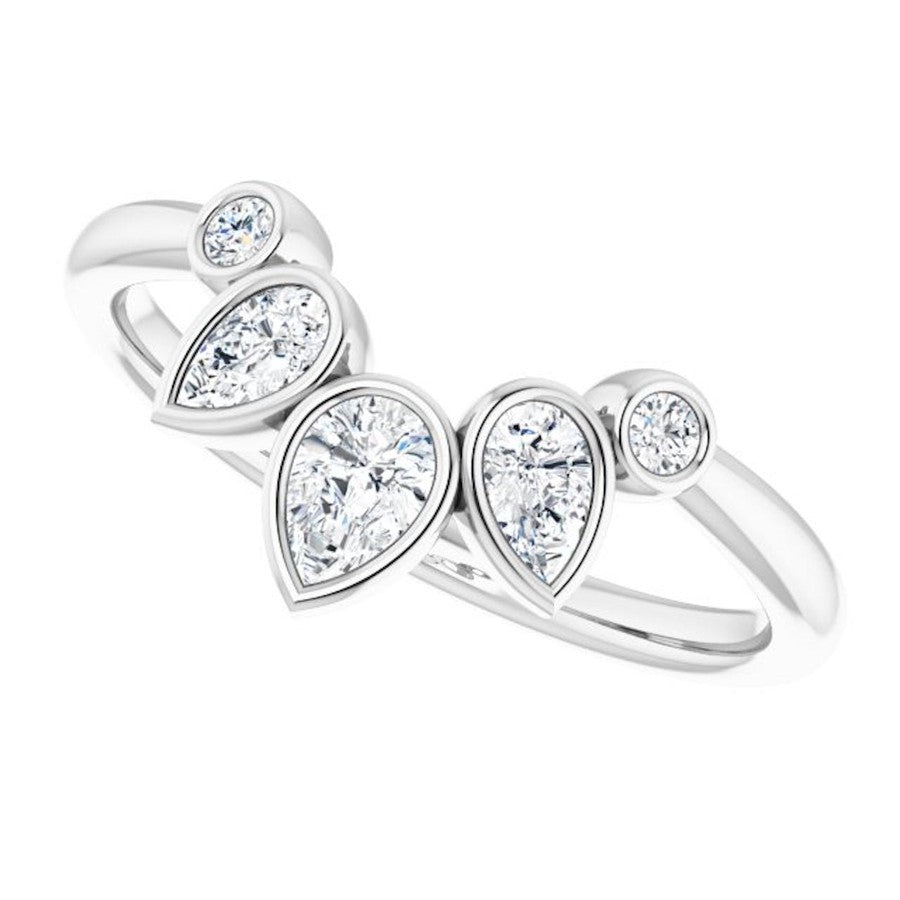 white gold bezel set crown ring with pear shape diamonds and round diamonds