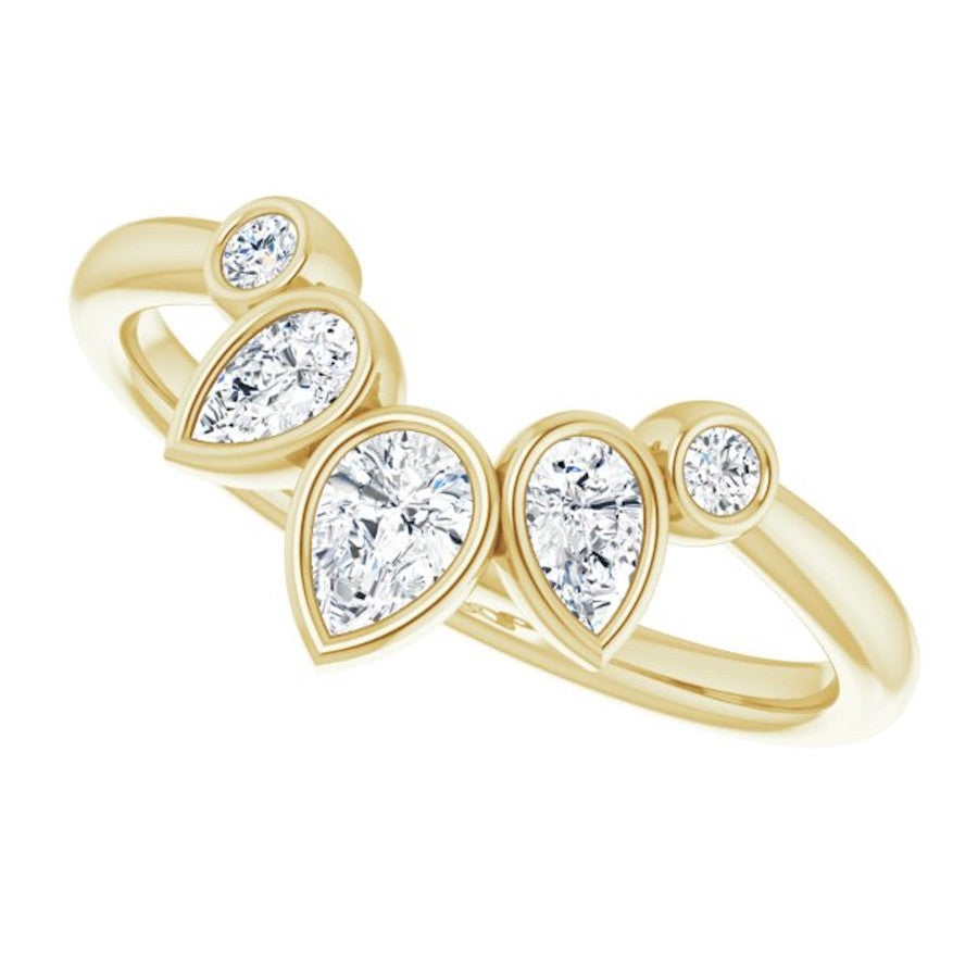 yellow gold bezel set crown ring with pear shape diamonds and round diamonds