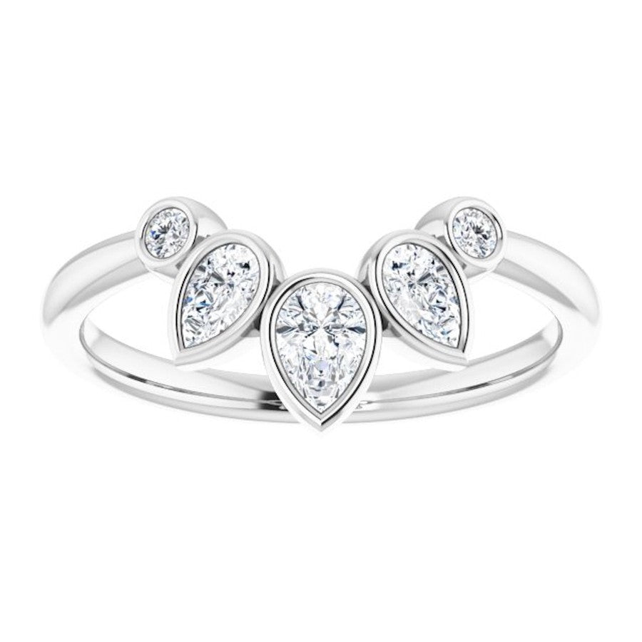 white gold bezel set crown ring with pear shape diamonds and round diamonds