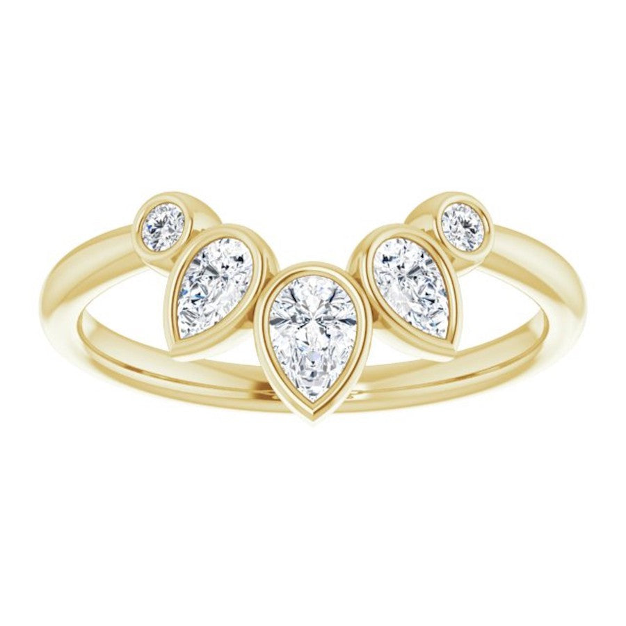 yellow gold bezel set crown ring with pear shape diamonds and round diamonds